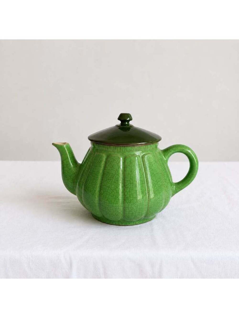 Vintage Green Crackle Glaze Ceramic Teapot Art Pottery Two Tone Ribbed 6”